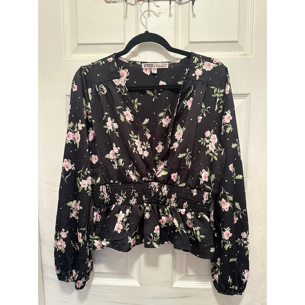 Black Floral Polka Dot Smocked Peplum Blouse Large Whimsigoth Romantic